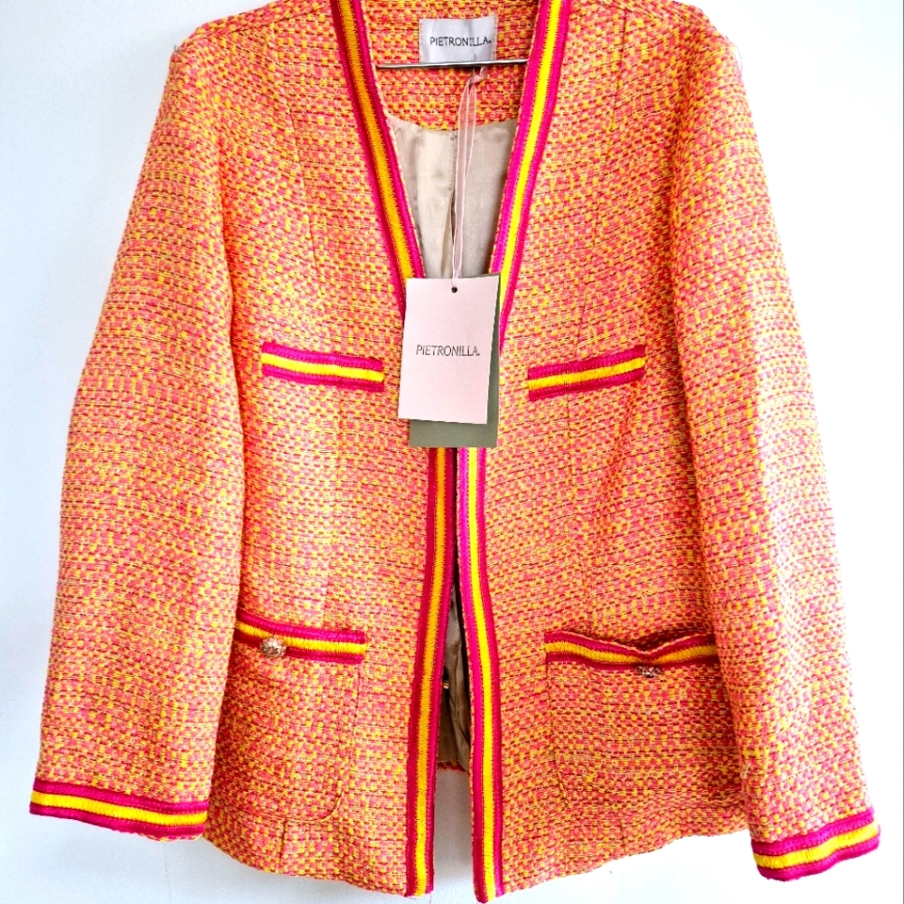 NWT Italian Tweed Blazer SZS ,Chic Colorful Trim Rhinestone Details Gossip Girl